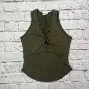 Dark Green Laced Up Ribbed Top